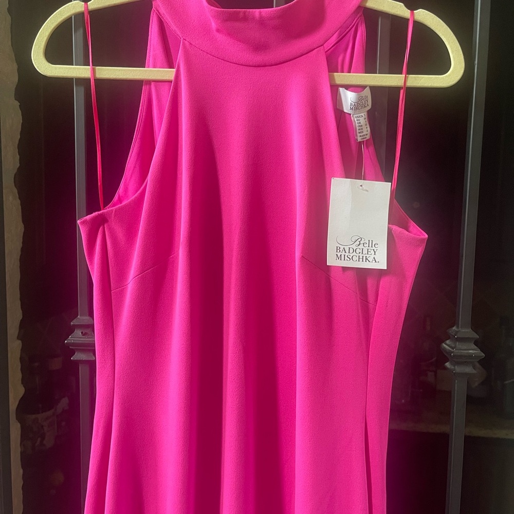 NWT Belle Badgley Mischka Reese Halter Neck Sleeveless Crepe Side Slit Gown